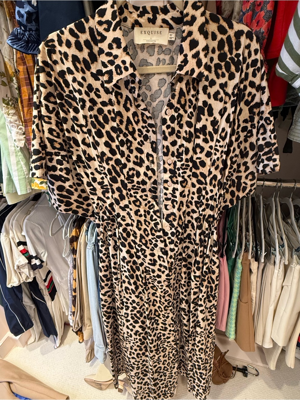 Exquise Leopard-Print Button Midi Dress in Beige and Black